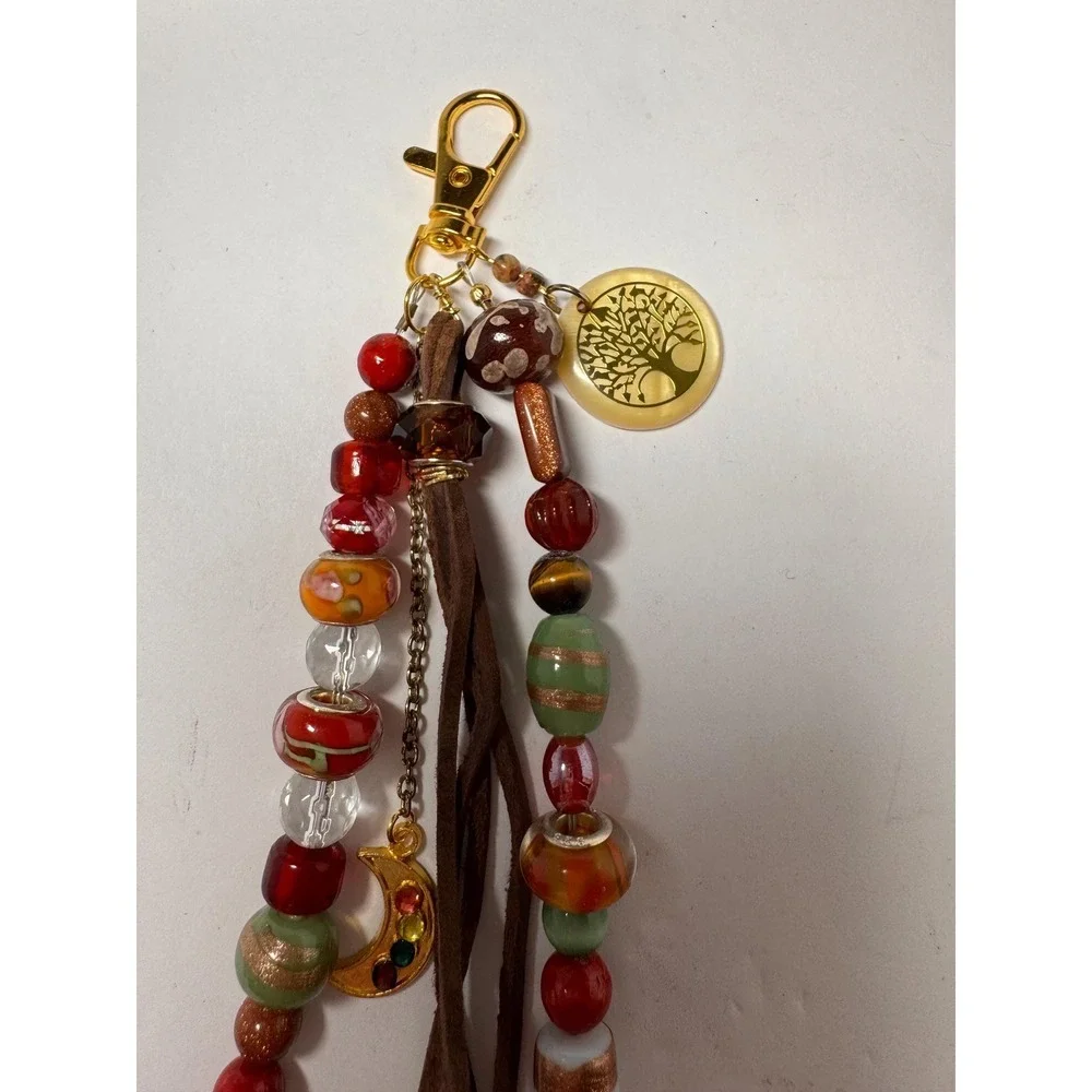 Boho Beaded Bag Purse Charm‎ reds & brown colors gold tone Gift
